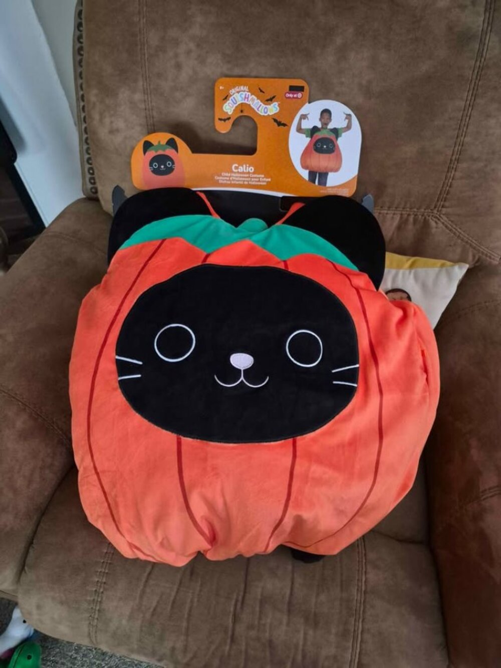 Squishmallows child-sized Halloween costume in the Calio black cat pumpkin